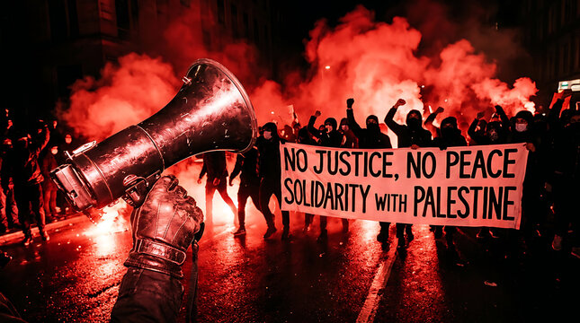 Protester holding megaphone with solidarity banner for Palestine at night . Ai Generated