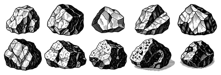 Rock collection and mineral stones set in vintage woodcut engraving style © AnjaliDesai