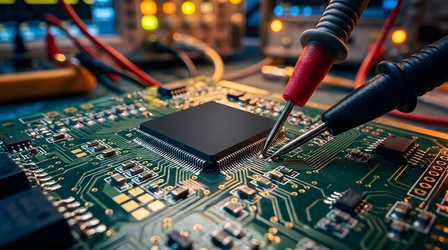 Technician checking microchip on circuit board with multimeter probe close-up.