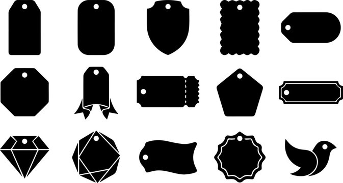 Collection of various black silhouette gift tags and decorative labels with different shapes and unique designs