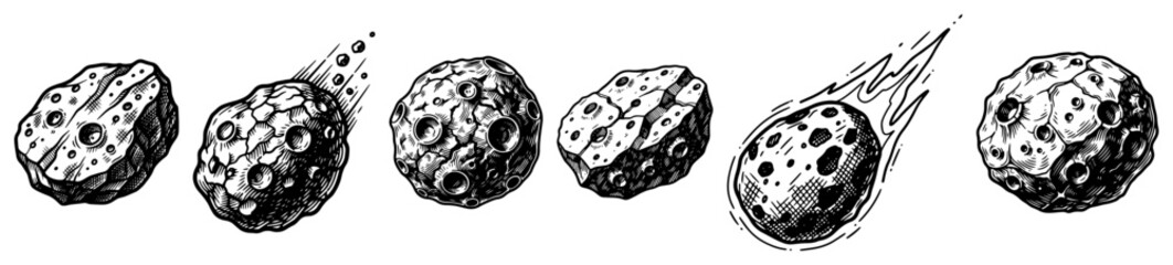 Asteroids and meteors with craters falling through space in vintage engraving style © AnjaliDesai