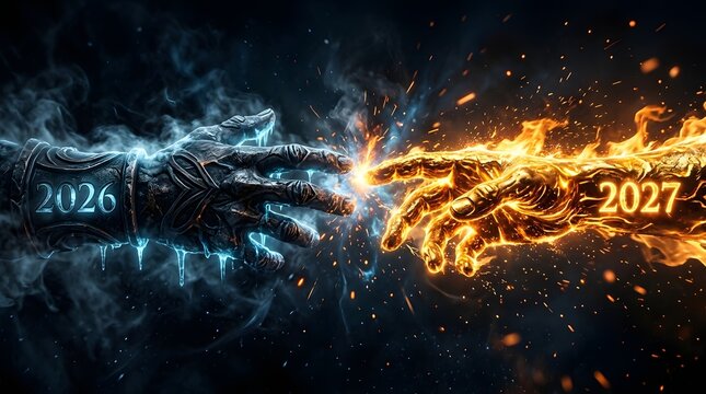Conceptual illustration of two hands reaching towards each other with one made of ice and fire