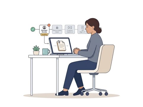 A woman sitting at a desk using a laptop to review a document with a digital workflow process chart showing pending manager approval stages