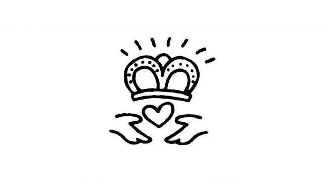 Hand drawn 4K Claddagh ring symbol doodle animation with boiling line effect. Frame by frame outline on black and green screen backgrounds, perfect for Irish love hands heart crown, loyalty ring.