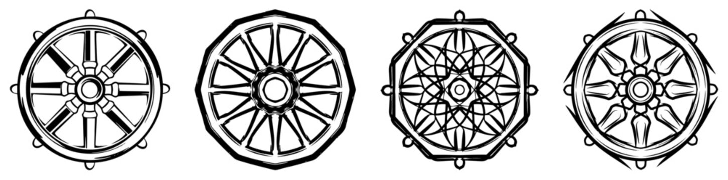 Dharma wheel and mandala circular symbols with intricate spoked patterns in detailed line art style