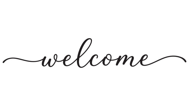 Elegant handlettered welcome script text with flowing flourishes isolated on a pure white background for wedding invitations or greeting card designs