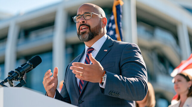 A spokesperson delivers remarks at a makeshift podium under a violently rippling banner in harsh midday glare, jacket whipping sideways in sudden wind, candid mid-sentence expression caught off guar