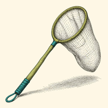 A detailed vintage style illustration of a butterfly net with a wooden handle.