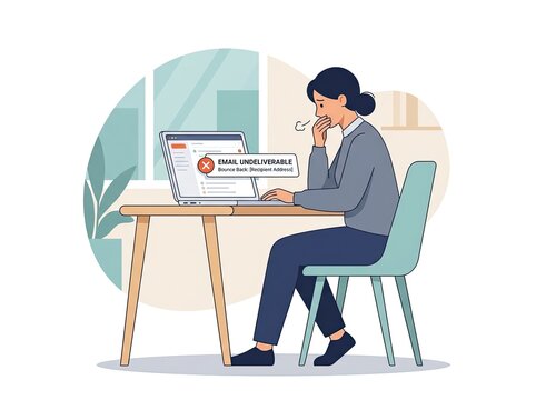 Worried woman sitting at a desk with a laptop displaying an email undeliverable bounce back notification, flat office work