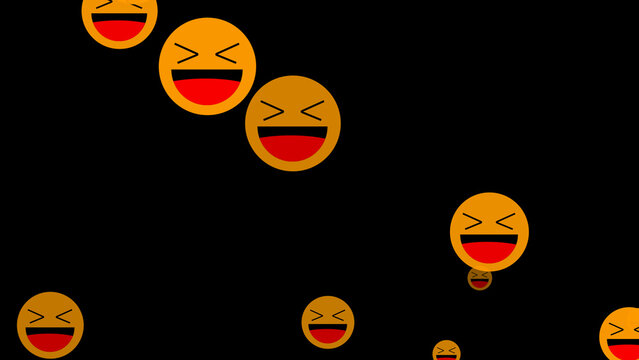 Many laughing emojis falling on a black background face happy