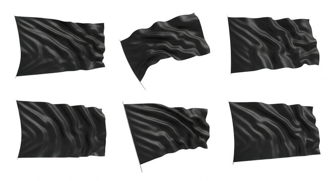 six black flags waving isolated on white background symbolic purposes