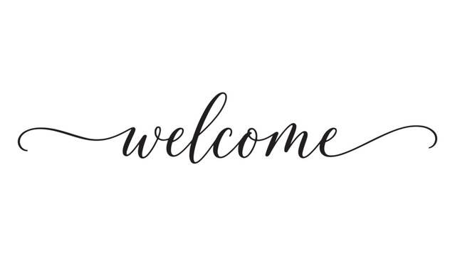Elegant handlettered welcome script text with sophisticated calligraphy flourishes isolated on a white background for wedding invitations or greeting card designs