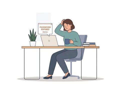 Woman sitting at a desk holding a coffee mug and looking at a laptop screen with a password expired notification, flat office scene