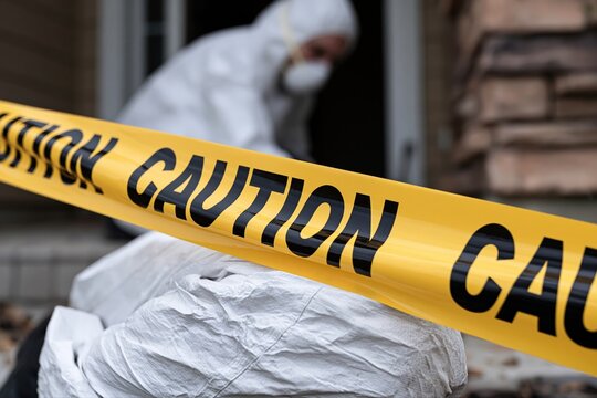 Forensic investigator in protective gear examines evidence behind caution tape at a crime scene