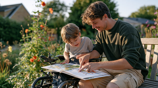 A teenager babysits a child with a mobility aid in a quiet rural garden at dusk, both bent over a picture book spread across a wooden bench, generations of care and patience expressed through body l