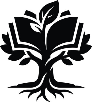 Tree Growing from Open Book Icon &ndash; Black Glyph Education and Knowledge Growth Vector