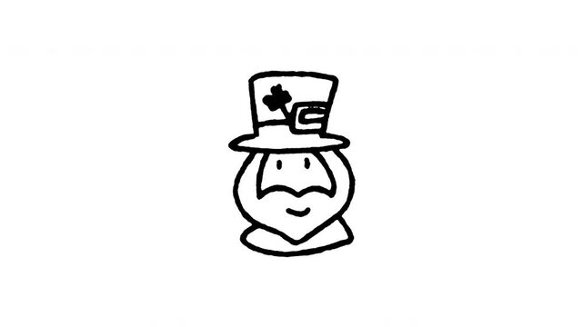 Hand drawn 4K leprechaun character doodle animation with boiling line motion. Frame by frame outline on black and green screen backgrounds, perfect for Irish elf mascot, St. Patrick's Day man.