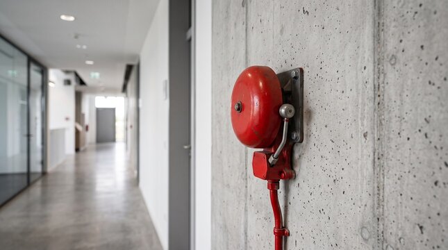 Fire alarm bell mounted on concrete wall in modern office hallway