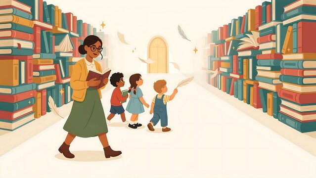 Teacher day illustration featuring a librarian and children in a library background with copy space for text