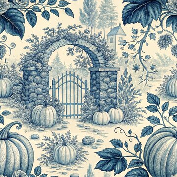 Navy Blue Pumpkin Patch Toile Digital Paper Pack with Seamless Watercolor Classic Autumn Patterns for Scrapbook Crafts