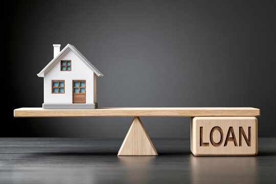 Balancing Act: House Property on Seesaw Against Wooden Block with the Word LOAN