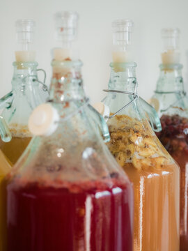 Bottles of Homemade Drinks at a Fermentation Station