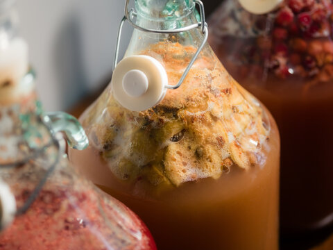 Brew Process for Homemade Mead in Glass Jars at Kitchen Counter