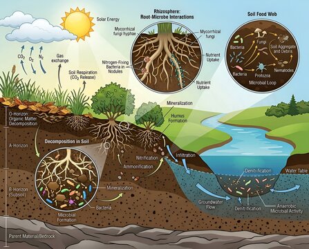 Soil ecosystem biology infographic diagram showing rhizosphere microbes food web and nitrogen cycle