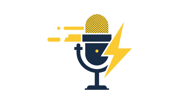 Modern Microphone Logo Icon with Electric Lightning Bolt and Speed Lines for Energetic Podcast and Fast Audio Communication Concept