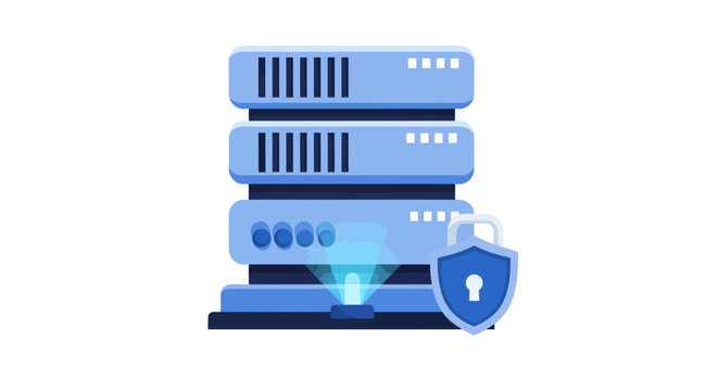 Secure Data Center Server Rack Icon with Shield and Padlock for Cybersecurity and Cloud Hosting Protection Illustration isolated on white