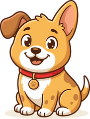 Fototapeta premium Cute cartoon brown spotted puppy sitting vector illustration wearing a red collar with paw tag isolated on white background