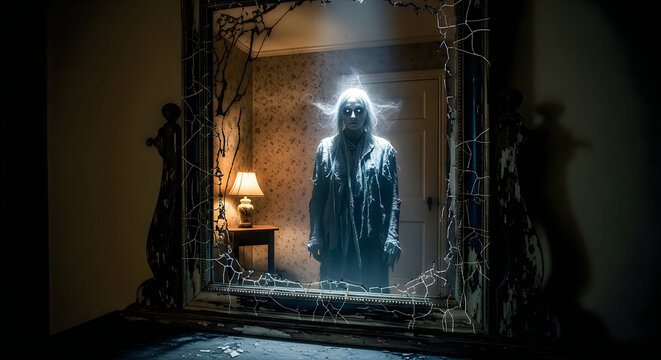 Eerie glowing ghost figure standing inside a dark haunted house for hallowen night celebration