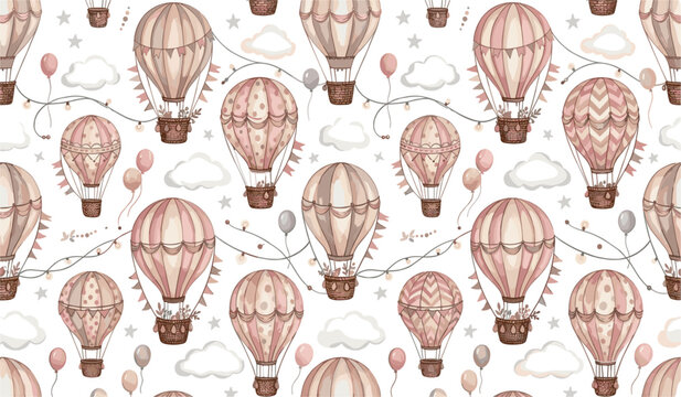 Watercolor vintage hot air balloon seamless pattern vector illustration with pastel pink airships and soft clouds for baby shower textile design
