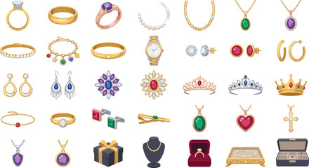 Luxury gold and diamond jewelry accessories vector illustration set featuring rings necklaces bracelets earrings tiaras brooches display and box isolated on white background © DIPU