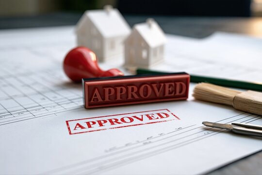 Approved Stamp on Document with Miniature Houses and Office Supplies for Real Estate Approval