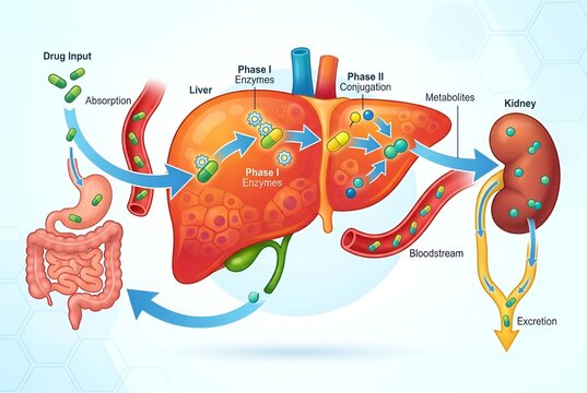 Drug metabolism process diagram showing absorption, liver phase I and II enzymes, excretion and bloodstream pathway