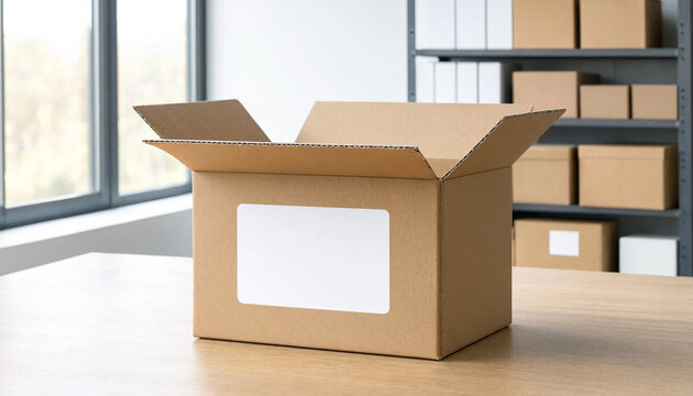 Shrink Wrapped Cardboard Boxes With Blank Label On Wooden Table
