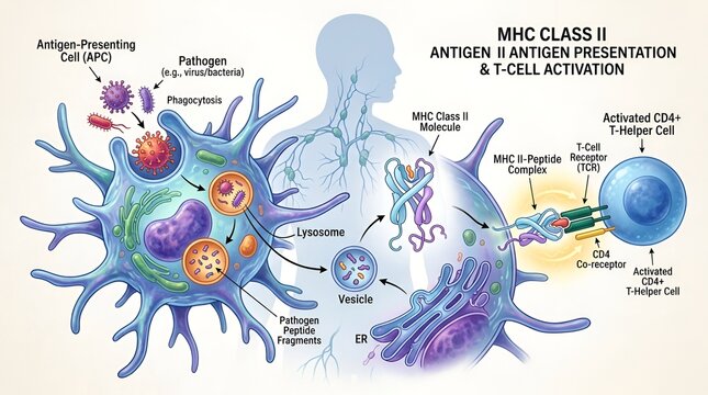 Medical diagram illustrating MHC class II antigen presentation process and CD4 helper T cell activation in the immune system