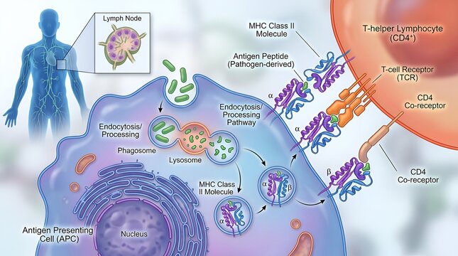 Educational Medical Vector Illustration of the MHC Class II Antigen Presentation Pathway in Immune Cells