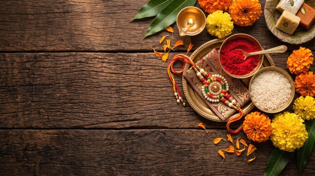 Traditional indian raksha bandhan festival celebration with rakhi thread sweets flowers and puja items on wooden background