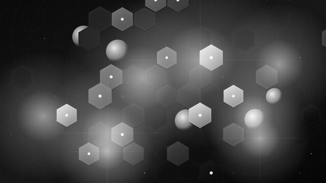 Abstract black and white hexagon pattern, futuristic technology background with glowing geometric shapes, dark monochromatic digital art texture