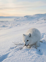 Fototapeta premium Arctic fox carrying a twig in deep snow during winter sunset on frozen tundra landscape