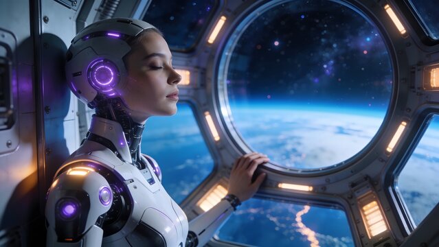 Female android cyborg looking out of spaceship window at planet Earth in space suitable for science fiction adventure space exploration artificial intelligence journey and future concept