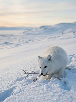 Arctic fox carrying a twig in deep snow during winter sunset on frozen tundra landscape
