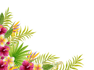 Tropical flowers corner frame. Floral tropics ornament. Watercolor painting with Hibiscus flowers and palm leaves. Tropic composition. © Marisha