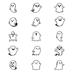 Fototapeta premium Set of cute handdrawn ghost doodles featuring various facial expressions and poses for halloween party invitations and spooky seasonal graphic design projects