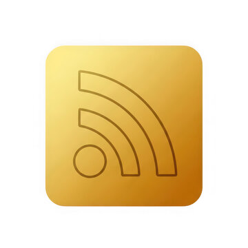 Golden RSS feed icon button isolated on a clean transparent background