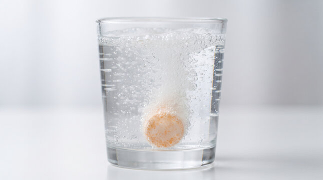 An effervescent orange tablet dissolving in a clear glass of water, creating bubbles and ad social media download thambnail poster web template event festival 2026 2027 2028