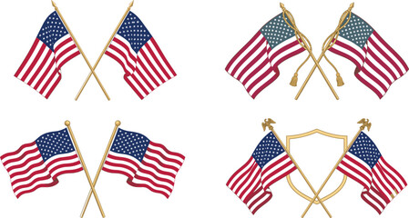 Obraz premium United States crossed flags vector illustration set American USA flag ribbon tassel eagle pole shield emblem Fourth of July patriotic design elements