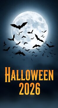 A refreshed and expressive rephrasing of bats flying across full moon with Halloween 2026? text overlay, giving it a more contemporary descriptive tone.